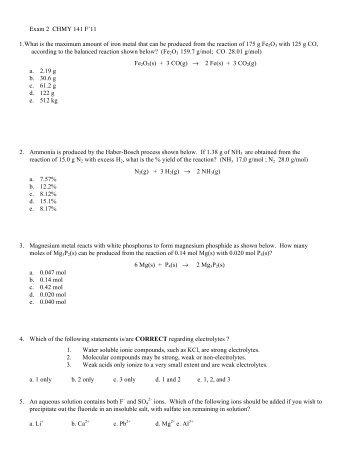Exam 2 CHMY 141 F'11 1. What is the maximum amount of iron ...