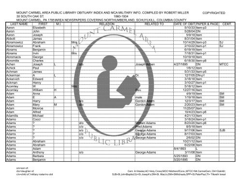 Mount Carmel Area Public Library Obituary Index And