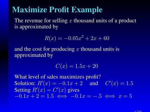 Math 211 Business Calculus Applications of Derivatives