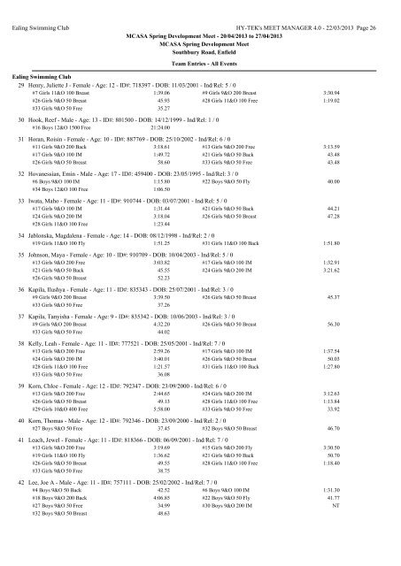 Entry List by Team (mmteamentryfull) - Staines Swimming Club