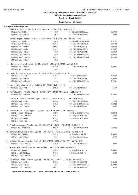 Entry List by Team (mmteamentryfull) - Staines Swimming Club