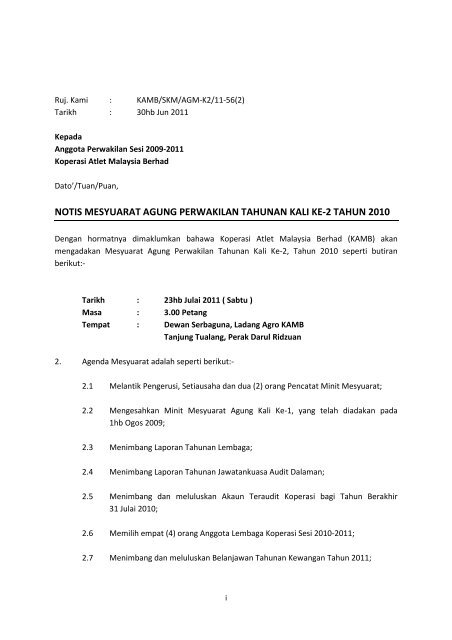 Surat Notis kepada Ahli mengenai Mesyuarat Agung Tahunan ke-1 ...