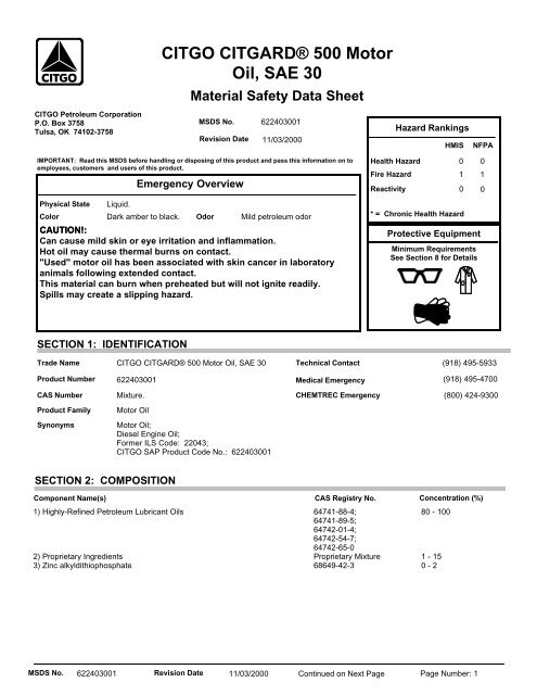 CITGO CITGARD 500 Motor Oil SAE 30 English CITGO Services