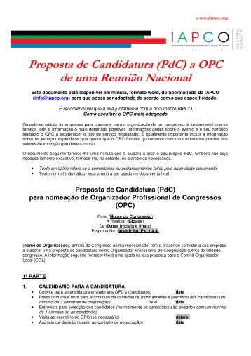 Proposta de Candidatura (PdC) a OPC de uma ReuniÃ£o ... - IAPCO
