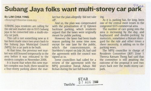 Subang Jaya Folks Want Multi Storey Car Parlt Mpsj