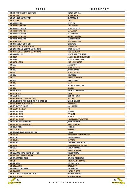 Songtitel - Liste - LEMMON Bar