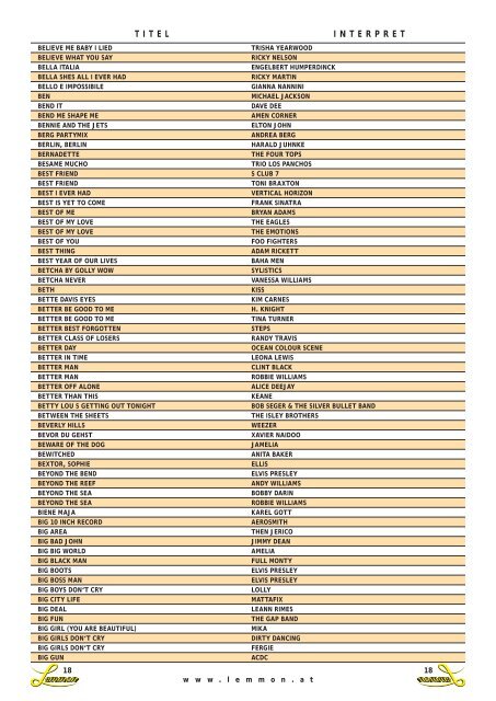 Songtitel - Liste - LEMMON Bar