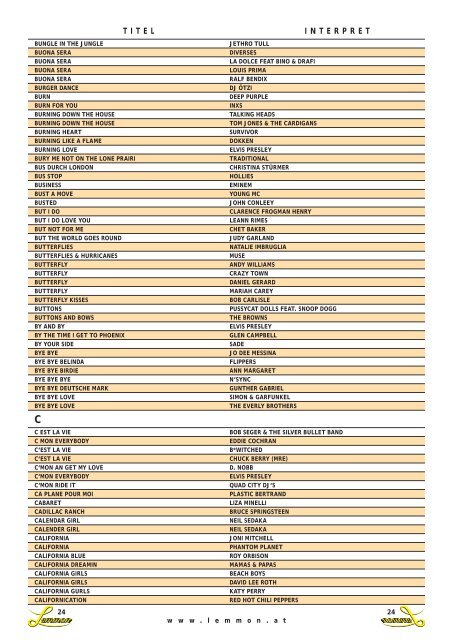 Songtitel - Liste - LEMMON Bar