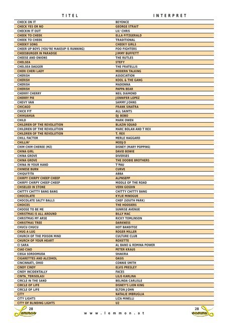 Songtitel - Liste - LEMMON Bar