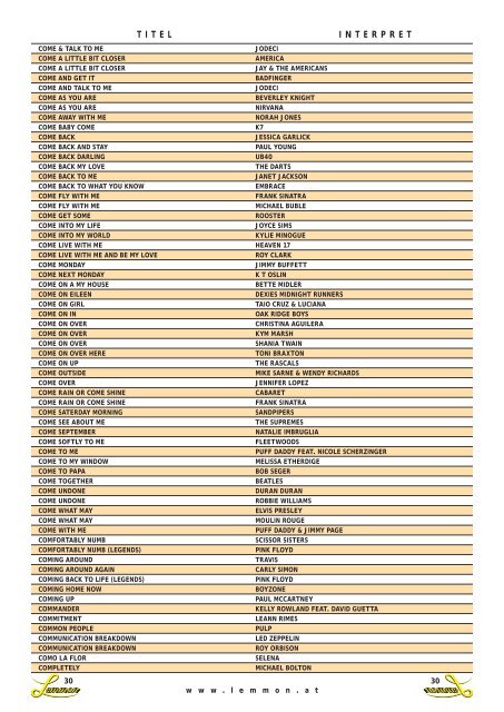 Songtitel - Liste - LEMMON Bar