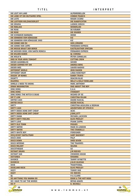 Songtitel - Liste - LEMMON Bar