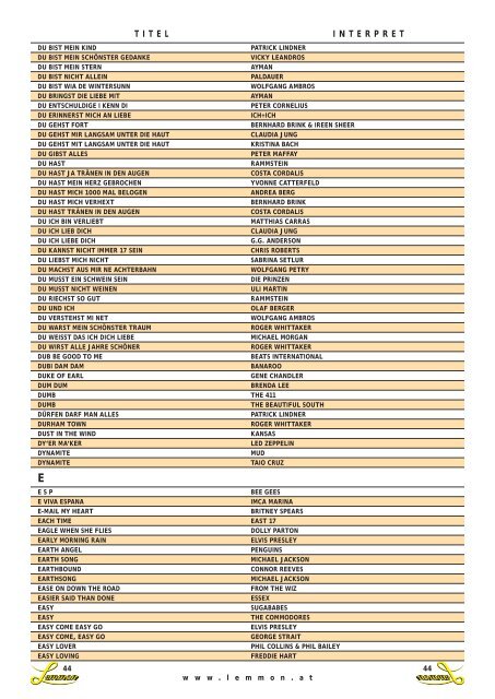 Songtitel - Liste - LEMMON Bar