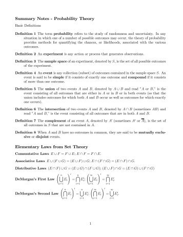 Summary Notes - Probability Theory Elementary Laws from Set Theory