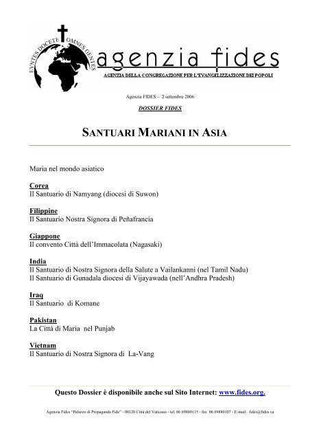 Santuari Mariani in Asia [Ag.Fides] - Pontificia UniversitÃ  Urbaniana