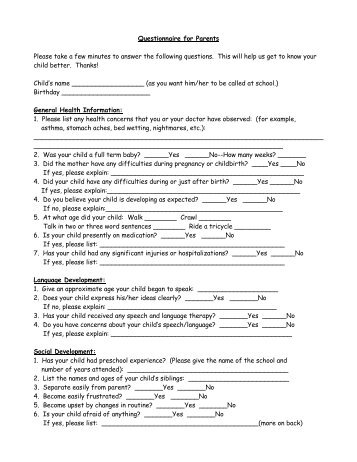 Questionnaire for Kindergarten Parents - Orange County Schools