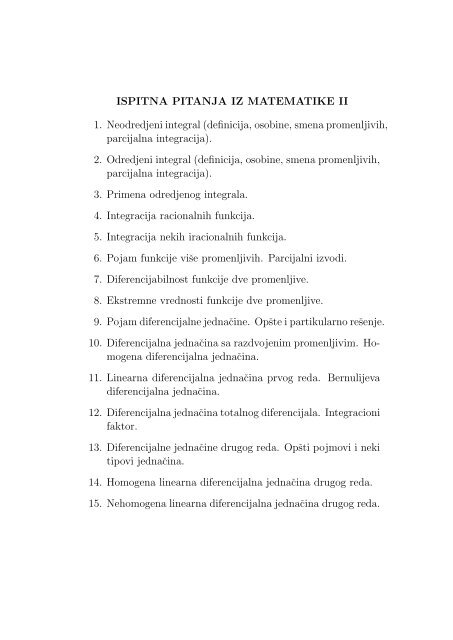 ISPITNA PITANJA IZ MATEMATIKE II 1. Neodredjeni integral ...