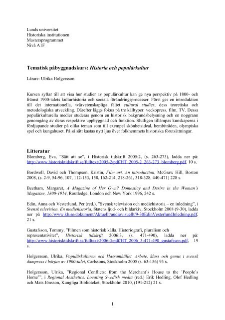 Historia och populÃ¤rkultur (PDF 46 kB) - Historiska institutionen
