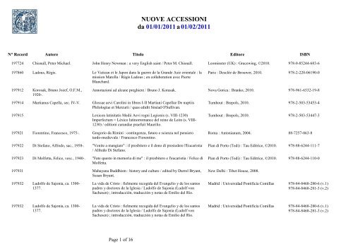 NUOVE ACCESSIONI da 01/01/2011a01/02/2011 - Pontificia ...