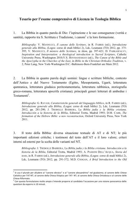 Tesario per l'esame comprensivo di Licenza in Teologia Biblica