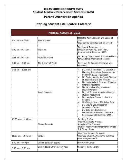 Parent Orientation Agenda Sterling Student Life Center: Cafeteria