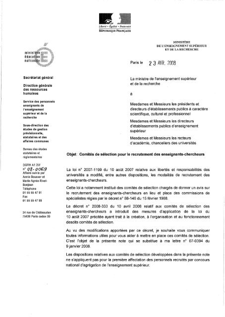 Circulaire relative aux comitÃ©s de sÃ©lection pour le recrutement des ...