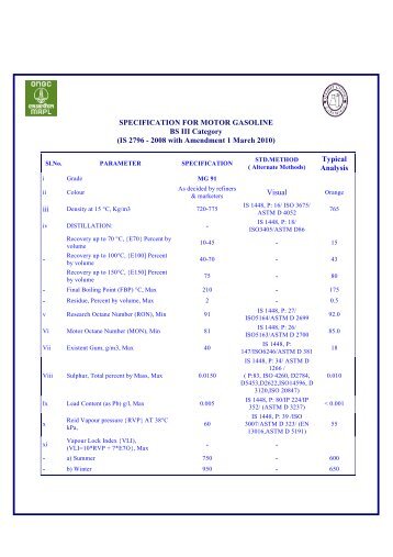 SPECIFICATION FOR MOTOR GASOLINE BS III Category (IS 2796 ...