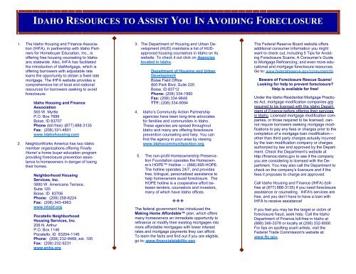 Brochure: Idaho Resources to Assist You in Avoiding Foreclosure
