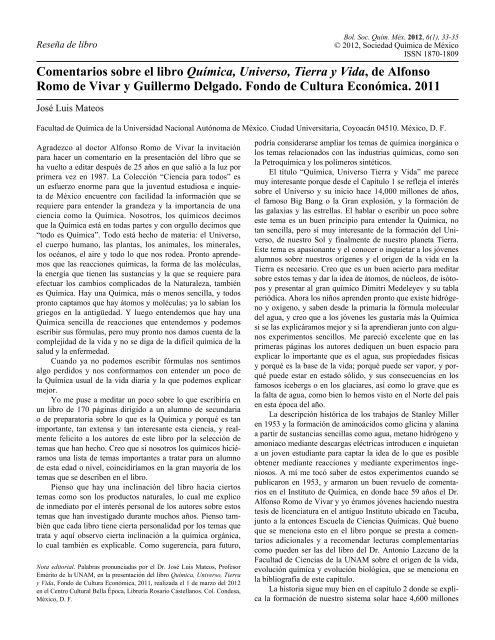 Comentarios sobre el libro QuÃ­mica, Universo, Tierra y Vida, de ...