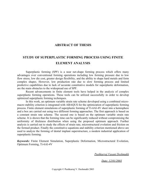 Abstract Of Thesis Study Of Superplastic Forming Process Using Finite Abstract Of Thesis Study Of Superplastic Forming Process Using Finite
