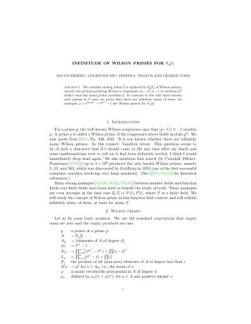 INFINITUDE OF WILSON PRIMES FOR Fq[t] 1. Introduction For a ...