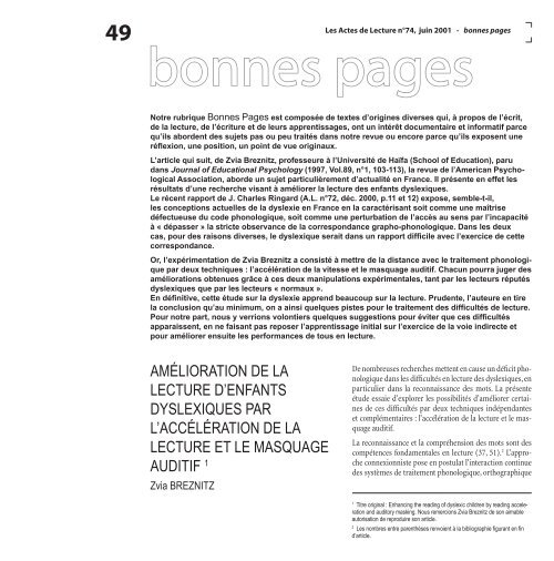 AmÃ©lioration de la lecture d'enfants dyslexiques - Association ...