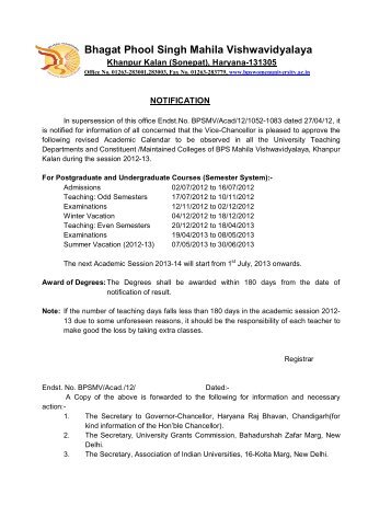 Academic Calendar - BPS Mahila Vishwavidyalaya