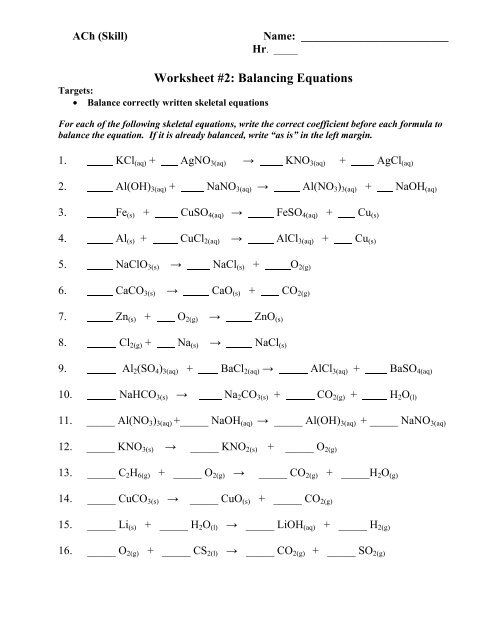 Worksheet 2 Balancing Equations ACh ACh - Whitnall High School