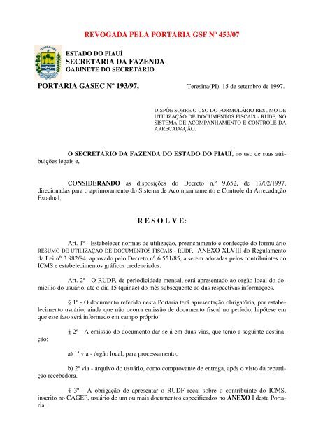 revogada pela portaria gsf nÂº 453/07 secretaria da fazenda portaria ...