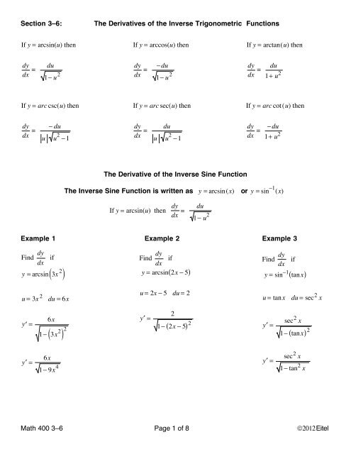 3.5 derivatives of inverse trigonometric functions homework answers