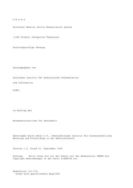U M D N S Universal Medical Device Nomenclature System (1996 ...