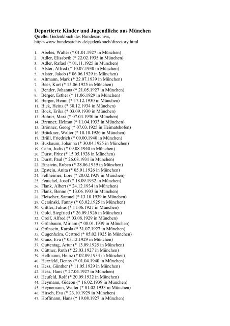 Deportierte Kinder und Jugendliche aus MÃƒÂ¼nchen - Zug der ...