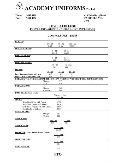 Download The Academy Uniform Price List Loyola College