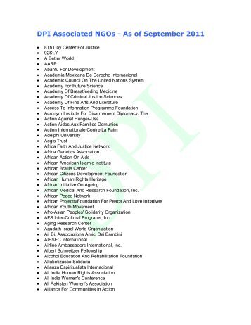 DPI Associated NGOs - As of September 2011 - UN DESA NGO ...