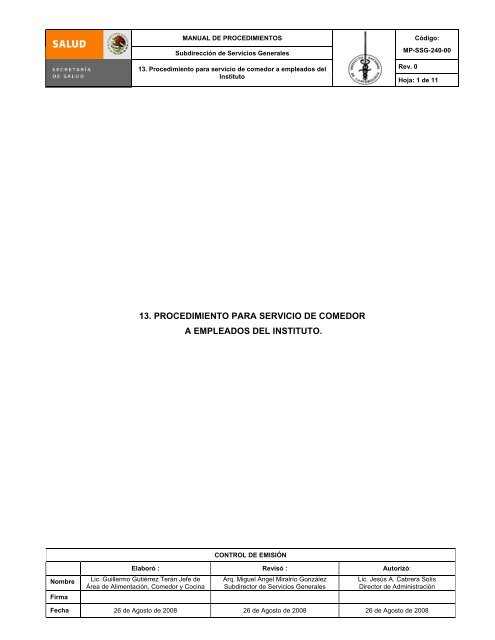 13. procedimiento para servicio de comedor a empleados del instituto.