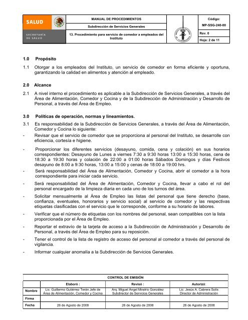 13. procedimiento para servicio de comedor a empleados del instituto.