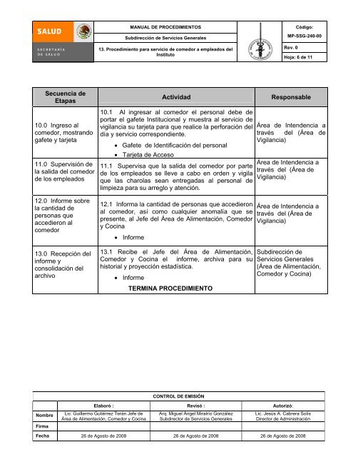 13. procedimiento para servicio de comedor a empleados del instituto.