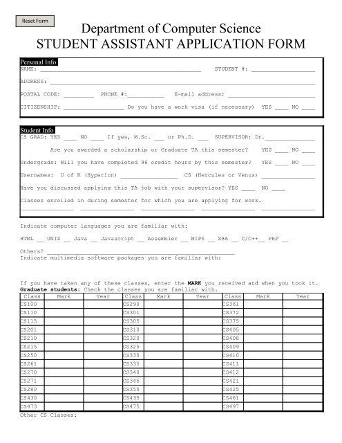 Student Assistant Application Form The Department Of Computer
