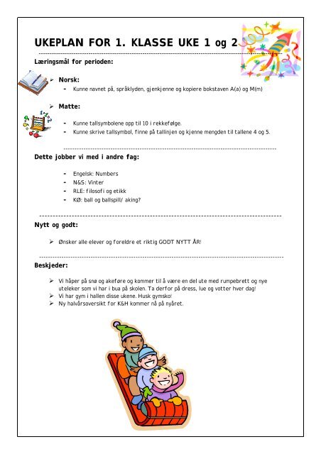 UKEPLAN FOR 1. KLASSE UKE 1 og 2 - Bamble kommune