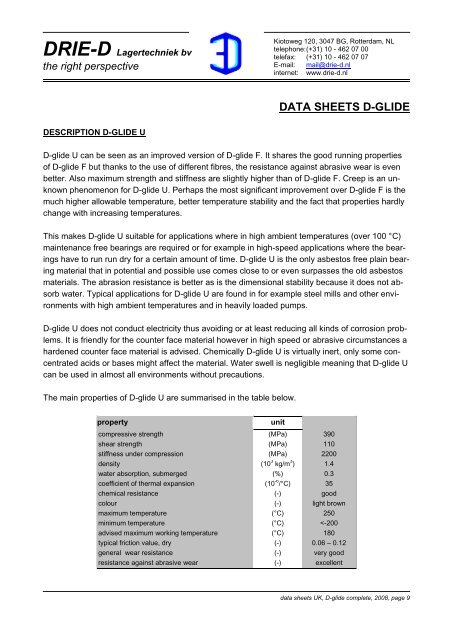 D R I E – D Lagertechniek bv DATA SHEETS