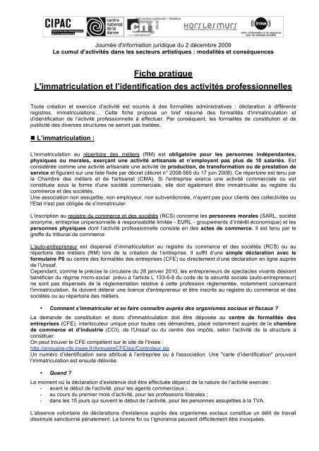 Fiche pratique L'immatriculation et l'identification des activitÃ©s ...