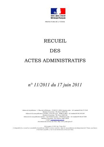 Recueil nÂ°11 du 17 juin 2011 - 1,26 Mb - PrÃ©fecture de l'Yonne
