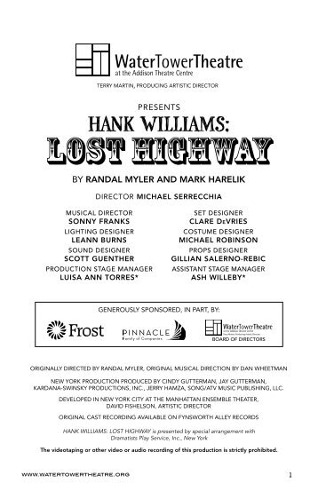 HANK WILLIAMS: LOST HIGHWAY Playbill - WaterTower Theatre