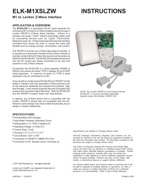Elk M1XSLZW M1 to Leviton Z-Wave Interface Installation Manual