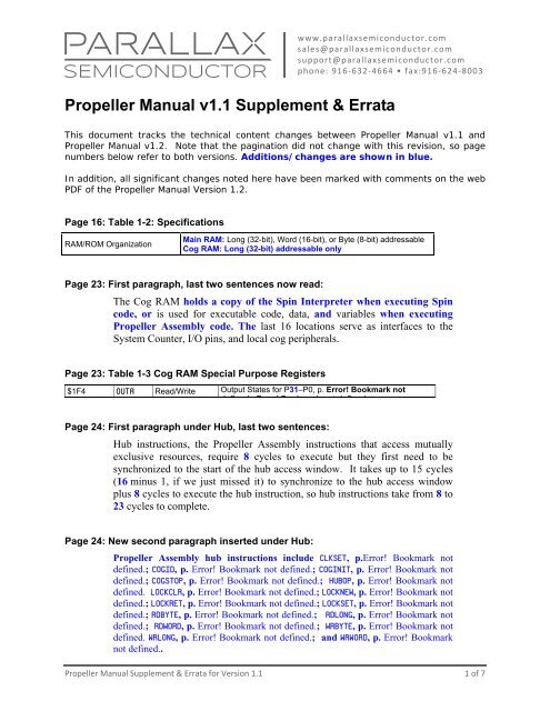 Propeller Manual v1.1 Supplement &amp; Errata - Parallax Semiconductor